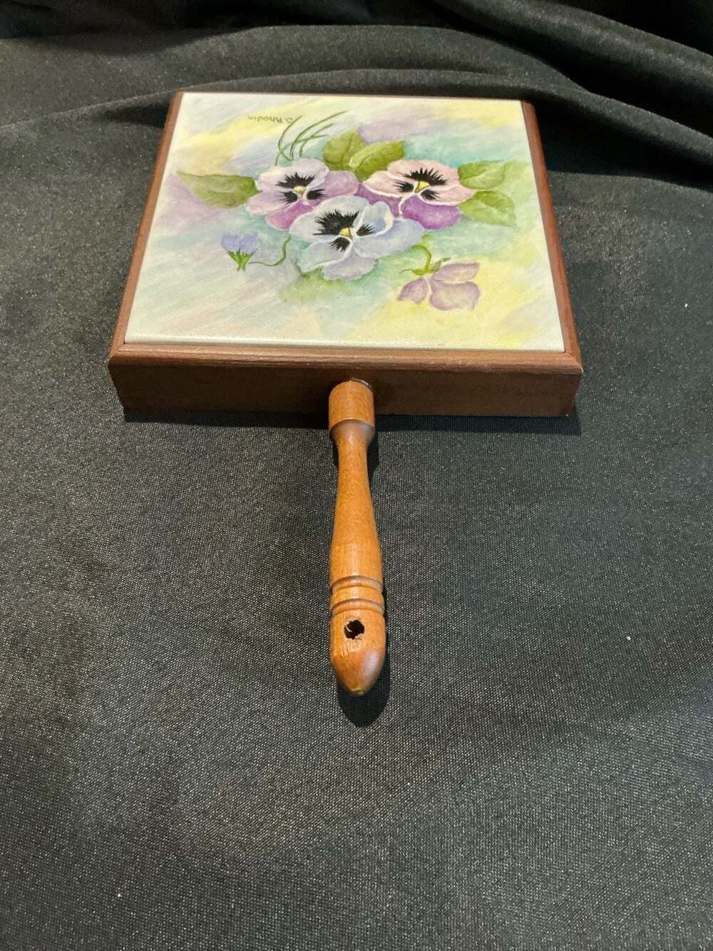 Franciscan Tile Wooden Handle Trivet Pansies J. Rhodin